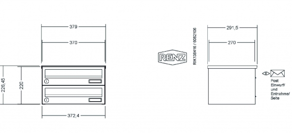 RENZ Briefkastenanlage, Aufputz, Classic Basic B, Edelstahl V4A, Kastenformat 370x110x270mm, 2-teilig